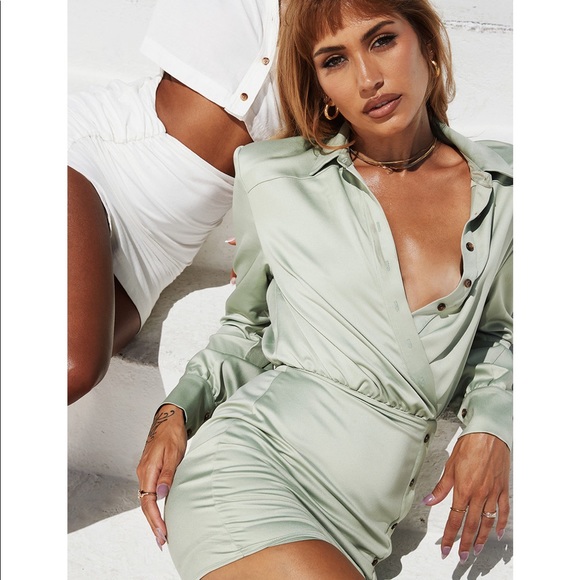 sage satin shirt dress